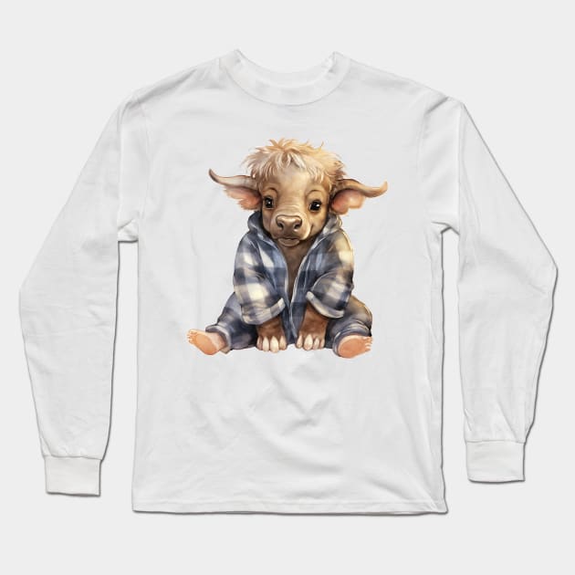 African Cape Buffalo Wearing Pajamas Long Sleeve T-Shirt by Chromatic Fusion Studio